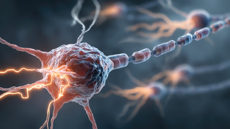 High-quality illustration showing neuron structure with synapses and electrical impulses. Ideal for educational and scientific use in biology and neuroscience.の素材