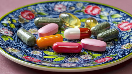 A vibrant assortment of supplement pills arranged on a decorative plate, featuring various colors and shapes. Ideal for health and wellness themes.の素材