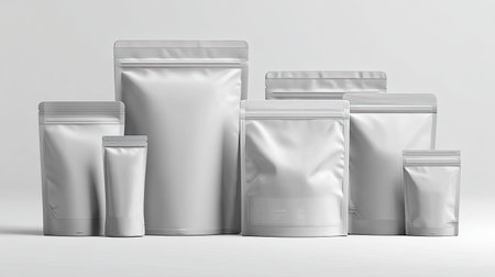 A collection of six blank packaging products arranged on a clean white background. Ideal for creating product mockups or for showcasing packaging designs in a minimalist presentation.の素材