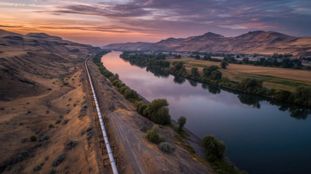 Stunning view of a train running along a river at sunset, surrounded by tranquil hills and trees, capturing nature's beauty and harmony in Oregon.の素材