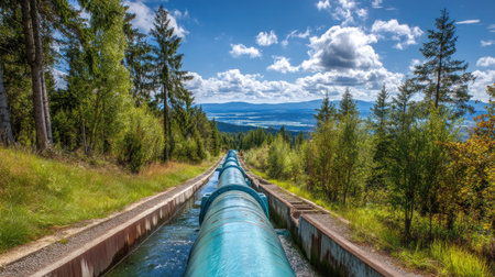 A stunning view of a water pipeline stretching through a vibrant green forest under a bright blue sky. The scene captures the harmony between nature and engineering, showcasing the beauty of the landscape.の素材