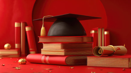 A beautifully arranged graduation cap rests atop stacked red books, set against a vibrant background, symbolizing academic achievement and celebration.の素材