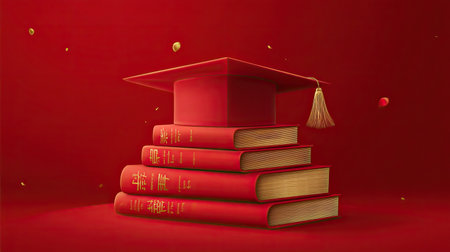 A striking graduation cap sits atop red books, accented by a golden tassel. The vibrant red background enhances the spirit of achievement and education.の素材