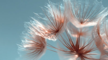 A stunning close-up of delicate dandelion seeds illuminated softly, showcasing their fragile beauty against a gentle background. Perfect for nature themes.の素材