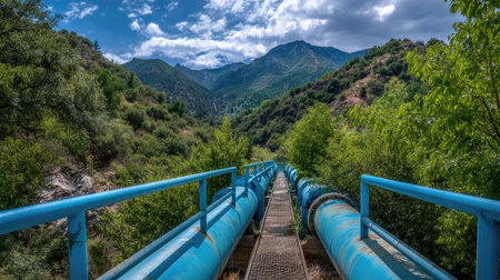 This captivating image showcases a blue pipeline meandering through a lush mountainous landscape, framed by greenery and dramatic cloud-filled skies.の素材