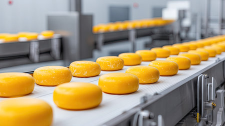 A vibrant production line displaying yellow gouda cheese rounds on a conveyor belt, showcasing the efficiency of modern dairy processing and manufacturing practices.の素材