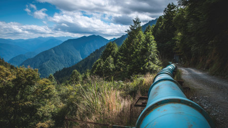 A stunning view of a tranquil mountain landscape featuring a blue pipeline alongside a gravel road. Lush greenery and majestic hills create a serene atmosphere for nature lovers.の素材