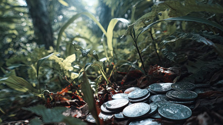 A serene composition of coins scattered on the forest floor, surrounded by vibrant greenery and gentle sunlight, evoking themes of adventure and exploration.の素材