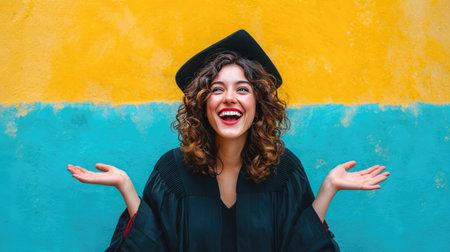 A joyful young woman celebrates her graduation with a big smile on a vibrant, colorful background. Her excitement captures the essence of personal achievement and happiness.の素材