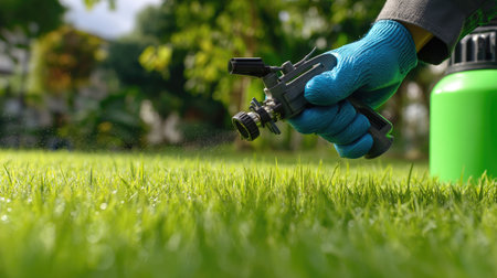 A close-up shot of a hand wearing a blue glove using a sprayer tool to water a lush green lawn. This image captures the essence of garden care and nurturing nature.の素材