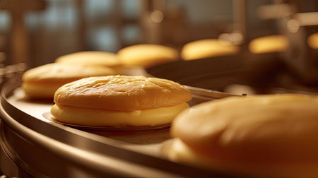 This image showcases freshly baked bread rolls on a conveyor belt in a modern bakery. The golden rolls highlight the freshness and quality of the products.の素材