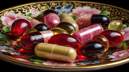 A vibrant arrangement of colorful dietary supplements displayed on an elegant decorative plate. The assortment showcases various shapes and textures for a health-focused lifestyle.の素材