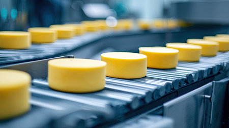 Freshly produced cheese wheels on a conveyor belt in a modern food processing factory, showcasing the industrial aspect of dairy manufacturing and quality control.の素材