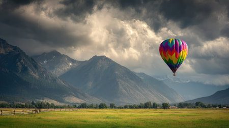 A stunning hot air balloon floats gracefully above a dramatic mountain landscape under a cloudy sky, creating a serene and adventurous atmosphere.の素材
