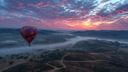 A stunning hot air balloon floats effortlessly above a misty landscape at sunrise, showcasing vibrant colors in the sky and captivating views of hills and valleys.の素材