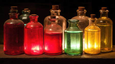 This image features an array of colorful glass bottles illuminated from within, showcasing captivating hues of red, green, yellow, and more against a dark backdrop.の素材