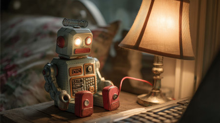A charming vintage robot toy illuminated by a soft lamp light creates a cozy atmosphere. This indoor scene evokes nostalgia and sparks creativity.の素材