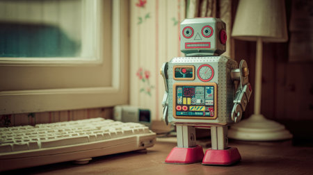This charming vintage robot toy stands proudly on a wooden table beside a keyboard, evoking a sense of nostalgia and creativity. Perfect for home dの素材
