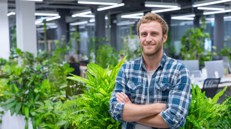 A young man stands confidently in a bright office filled with greenery, promoting a cheerful and sustainable workplace environment that enhances productivity.の素材