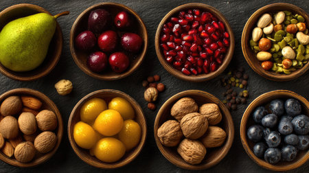 A stunning arrangement of assorted nuts and fresh fruits in wooden bowls set against a dark background, showcasing vibrant colors and natural textures.の素材