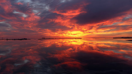 Experience a stunning sunset where vivid colors blend beautifully across the horizon, creating a serene reflection on the calm water surface.の素材