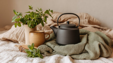 A cozy tea setting featuring a sleek teapot, a rustic mug, fresh mint leaves, and soft blankets, perfect for relaxation and comfort in any home.の素材