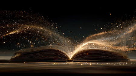 An enchanting open book releases sparkling light into the dark, symbolizing magic and creativity. Ideal for themes of imagination, literature, and wonder.の素材