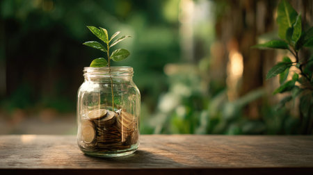 A glass jar filled with coins and a green plant symbolizing growth, investment, and sustainability. This image captures the essence of nurturing financial health and future prosperity.の素材