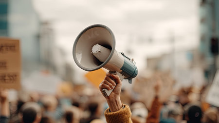 A protestor lifts a megaphone high in a large crowd, symbolizing unity and empowerment during a rally for social change and justice.の素材