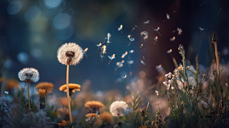 A captivating scene of dandelion seeds gently floating through a sunlit meadow, showcasing nature's beauty and tranquility. Perfect for nature-themed projects.の素材