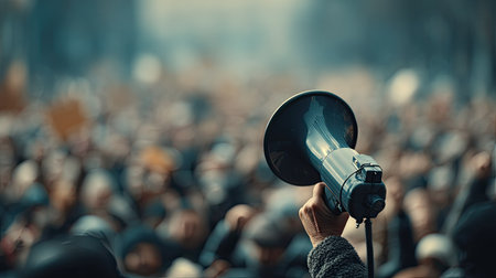 A powerful scene capturing a protestor holding a megaphone amidst a large crowd. The atmosphere conveys unity and passion for social change.の素材