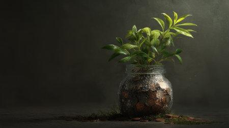 A serene image of a green plant emerging from a glass jar filled with coins and soil, symbolizing growth, investment, and sustainability in financial and environmental contexts.の素材