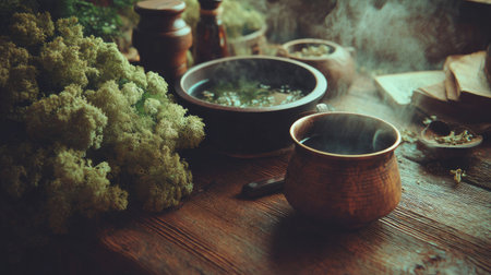A warm and inviting kitchen scene featuring an assortment of herbs, a steaming cup of herbal tea, and a rustic ambiance that promotes relaxation and wellness.の素材