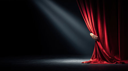 A hand gracefully parts a rich red curtain, illuminating a dark stage. This image captures the essence of anticipation and drama, perfect for theatrical themes.の素材