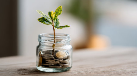A symbolic representation of financial growth featuring a small plant emerging from a glass jar filled with coins, illustrating concepts of investment, savings, and prosperity.の素材