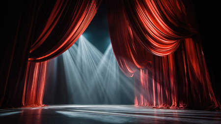 An evocative stage setting featuring rich red curtains draping elegantly, illuminated by soft spotlight rays, perfect for theatrical performances and events.の素材