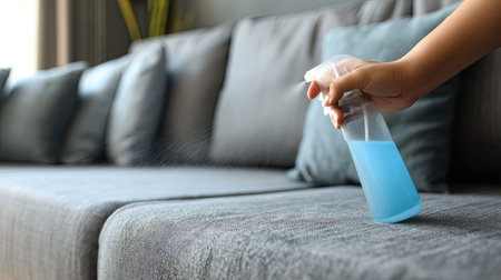 A child's hand spraying a blue cleaning solution on a sofa, highlighting domestic cleaning efforts in a modern living room environment. Perfect for home care themes.の素材