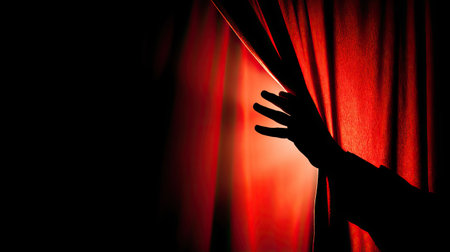 A mysterious hand softly pulls aside a red curtain, allowing a glimpse of light. This captivating image evokes curiosity and a sense of drama, perfect for creative projects.の素材