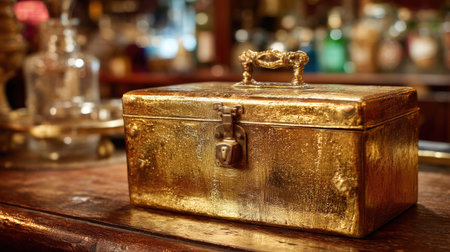 A vintage golden box with a decorative lock rests on a wooden counter, surrounded by soft lighting and blurred bar elements. Ideal for themes of luxury and nostalgia.の素材
