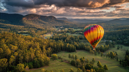 A vibrant hot air balloon soars above a tranquil landscape during sunset, showcasing the beauty of nature with majestic mountains and lush trees. Perfect for travel themes.の素材