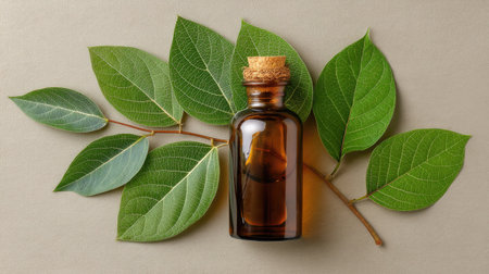 A serene arrangement featuring a brown glass bottle filled with aromatic oil surrounded by fresh green leaves, emphasizing natural beauty and wellness.の素材