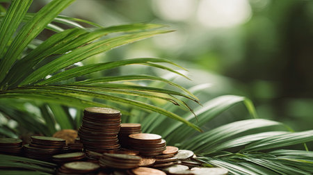 A pile of coins resting on lush green leaves creates a stunning contrast, symbolizing finance and prosperity in a natural setting. Perfect for eco-friendly themes.の素材