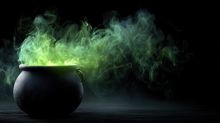 A captivating black cauldron filled with vibrant green mist emits an enchanting smoke, creating a mysterious and magical atmosphere perfect for fantasy-themed projects.の素材