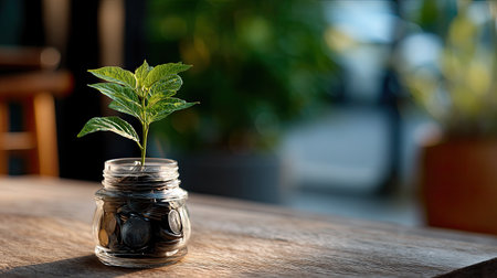 A vibrant green plant emerges from a jar filled with coins, symbolizing the relationship between financial investment and personal growth. This image highlights the importance of nurturing both nature and finance for a prosperous future.の素材