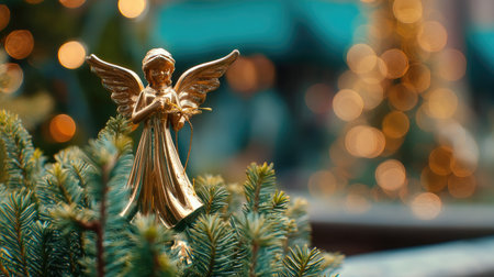 A stunning gold angel ornament perched on a pine tree branch, capturing the essence of Christmas spirit. Soft bokeh lights create a festive atmosphere.の素材