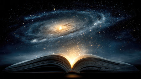 An enchanting open book reveals a stunning galaxy with swirling stars above, symbolizing the infinite journey of knowledge and imagination.の素材