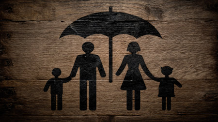 A stylized graphic of a family under an umbrella on a rustic wooden backdrop represents protection, love, and togetherness.の素材