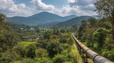 Breathtaking view of a mountain landscape featuring a pipeline winding through lush greenery under a vibrant blue sky, inviting exploration and tranquility.の素材