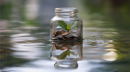 A glass jar filled with coins and a fresh green plant, floating in calm water, symbolizes financial growth and sustainable investment. The serene reflection adds a tranquil ambiance.の素材