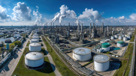 This aerial view showcases a sprawling oil refinery with storage tanks and smokestacks, highlighting industrial scale and environmental considerations.の素材